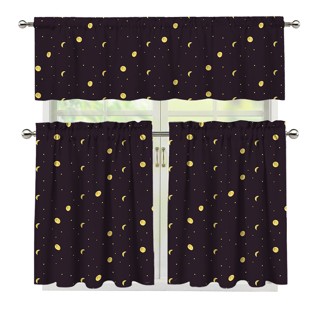 Moon Phase And Stars Pattern Print 3 Piece Kitchen Curtains