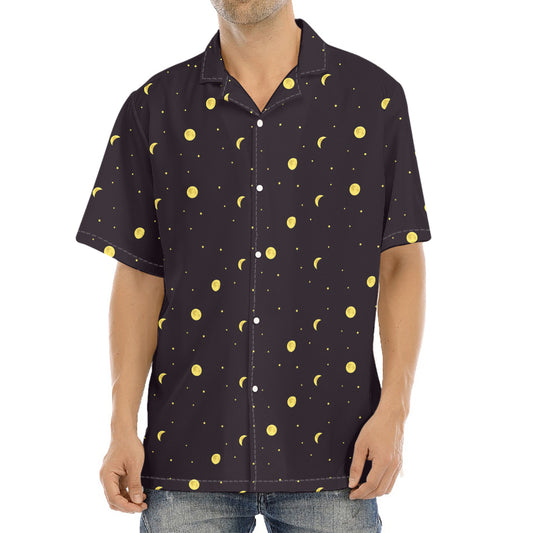 Moon Phase And Stars Pattern Print Aloha Shirt