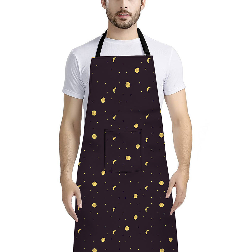 Moon Phase And Stars Pattern Print Bib Apron With Pocket