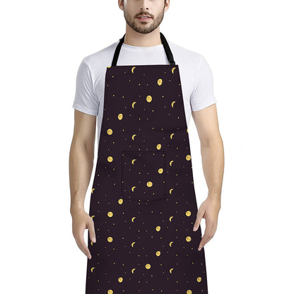 Moon Phase And Stars Pattern Print Bib Apron With Pocket