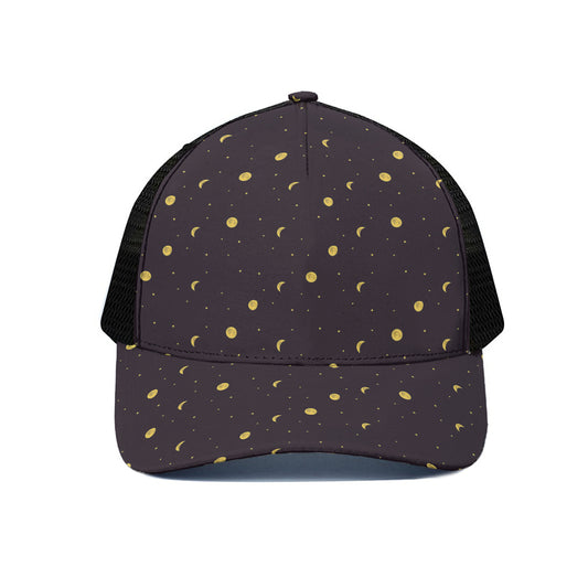 Moon Phase And Stars Pattern Print Black Mesh Trucker Cap