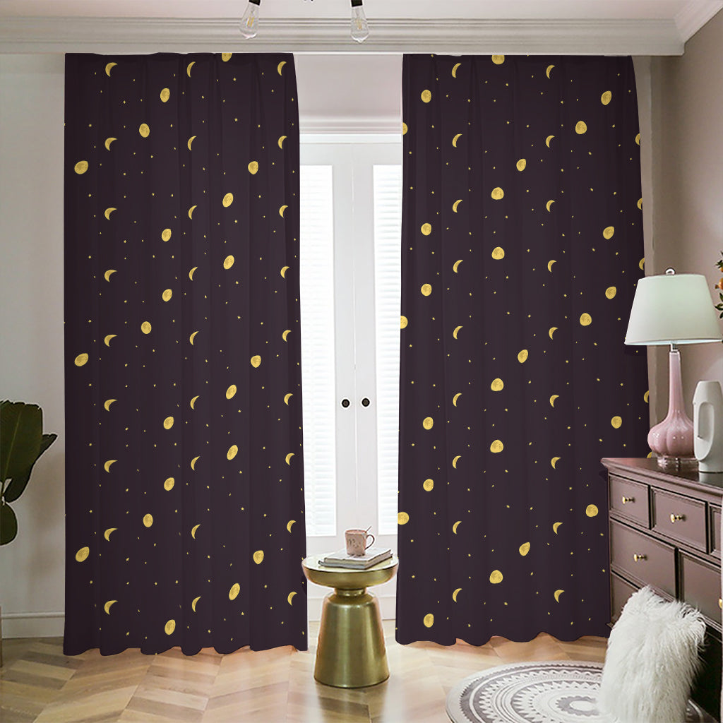 Moon Phase And Stars Pattern Print Blackout Pencil Pleat Curtains