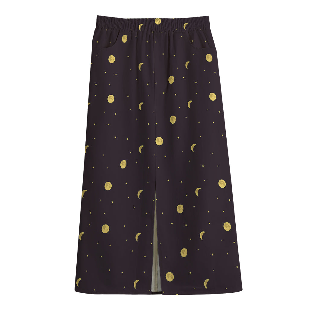 Moon Phase And Stars Pattern Print Cotton Front Slit Maxi Skirt