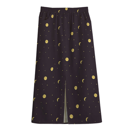 Moon Phase And Stars Pattern Print Cotton Front Slit Maxi Skirt