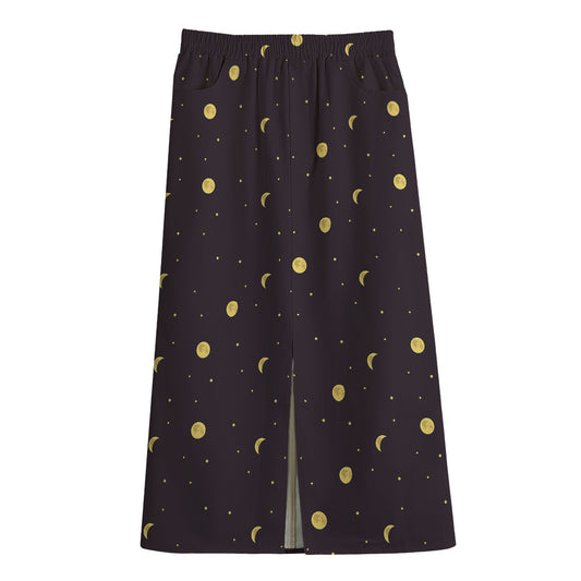 Moon Phase And Stars Pattern Print Cotton Front Slit Maxi Skirt