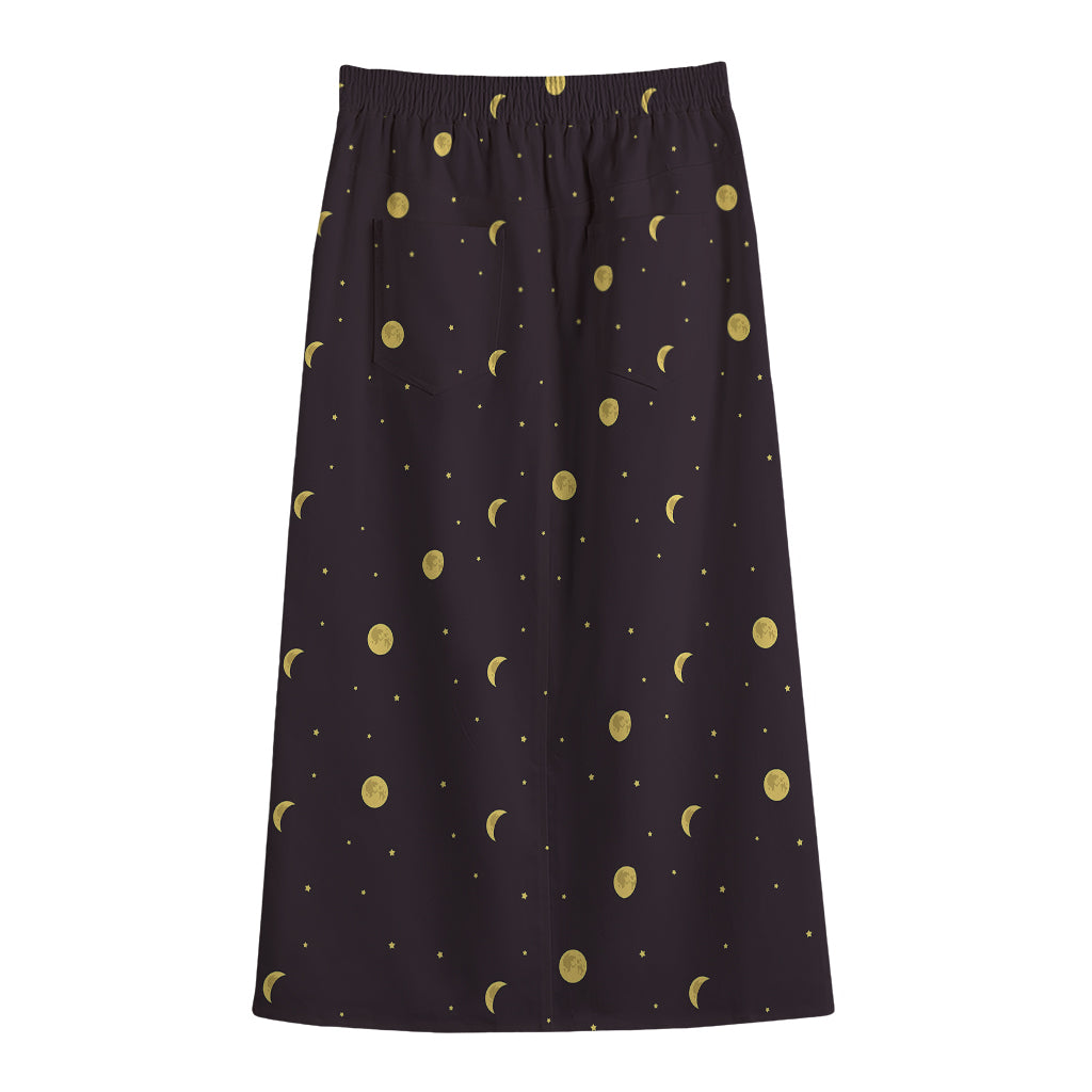 Moon Phase And Stars Pattern Print Cotton Front Slit Maxi Skirt