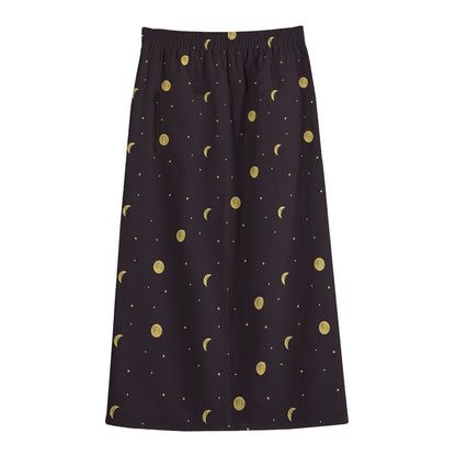 Moon Phase And Stars Pattern Print Cotton Front Slit Maxi Skirt