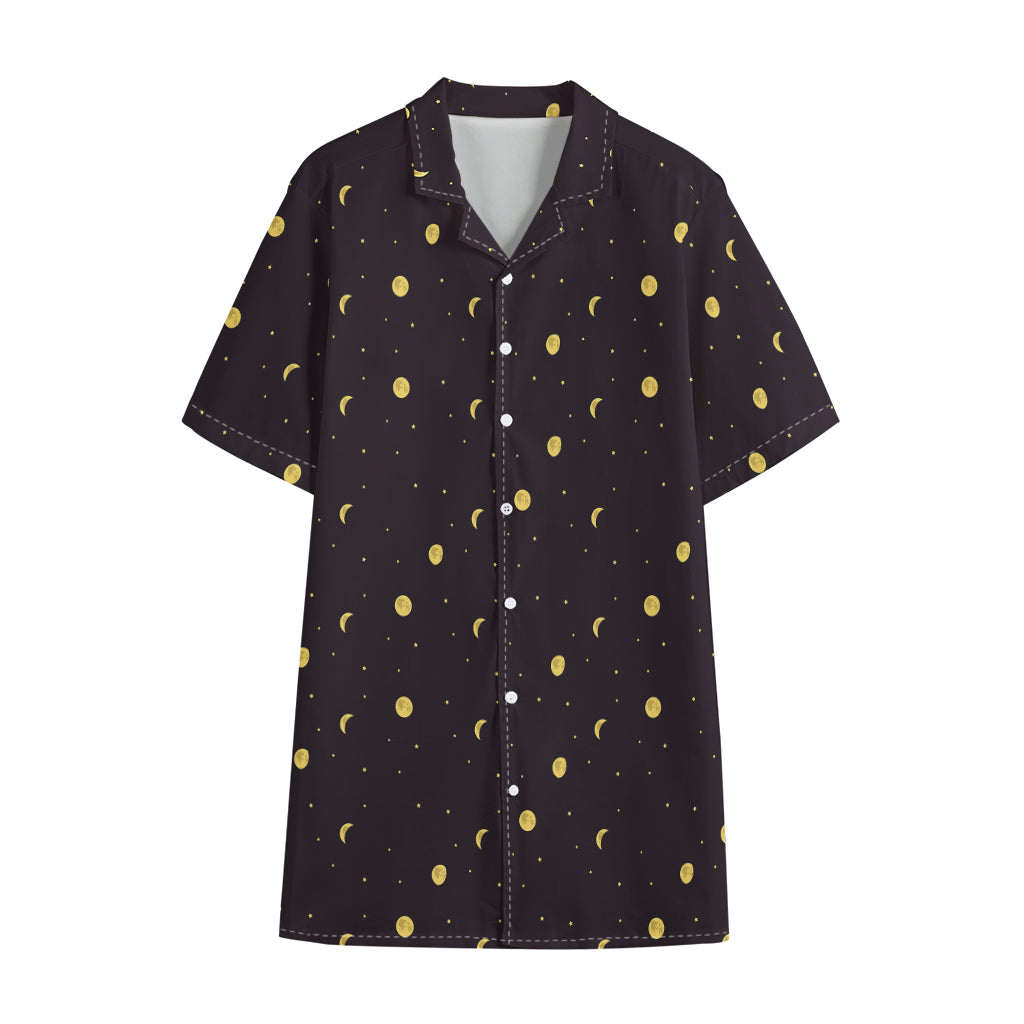 Moon Phase And Stars Pattern Print Cotton Hawaiian Shirt