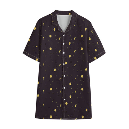 Moon Phase And Stars Pattern Print Cotton Hawaiian Shirt