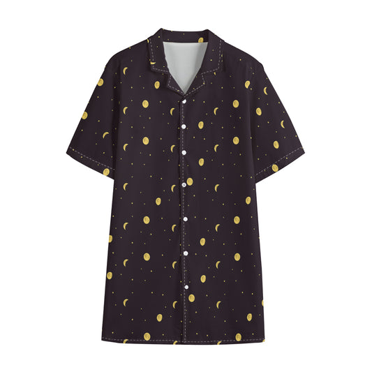 Moon Phase And Stars Pattern Print Cotton Hawaiian Shirt
