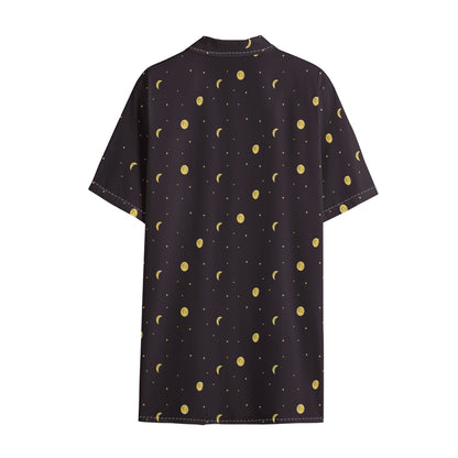 Moon Phase And Stars Pattern Print Cotton Hawaiian Shirt