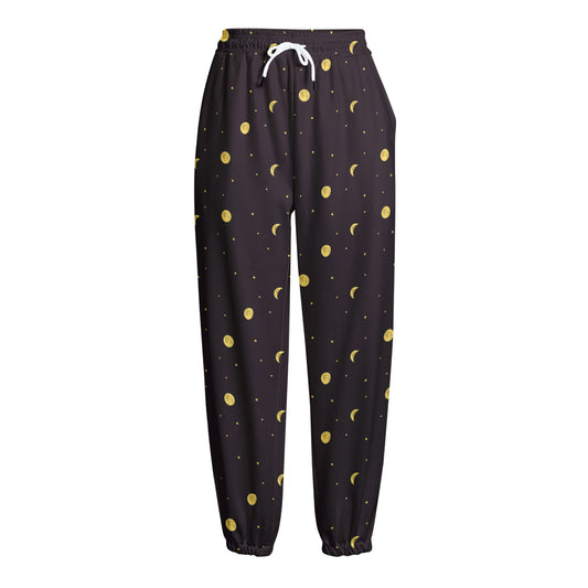 Moon Phase And Stars Pattern Print Fleece Lined Knit Pants