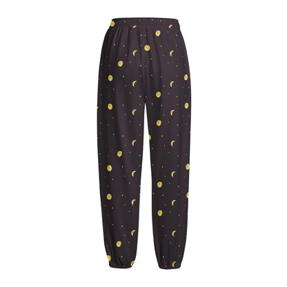 Moon Phase And Stars Pattern Print Fleece Lined Knit Pants