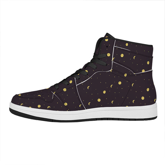 Moon Phase And Stars Pattern Print High Top Leather Sneakers