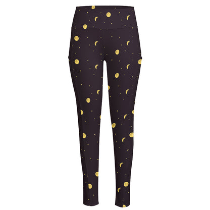 Moon Phase And Stars Pattern Print High-Waisted Pocket Leggings