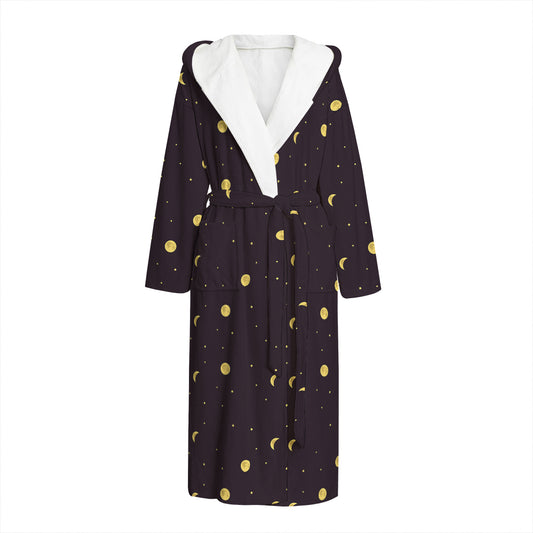 Moon Phase And Stars Pattern Print Hooded Bathrobe