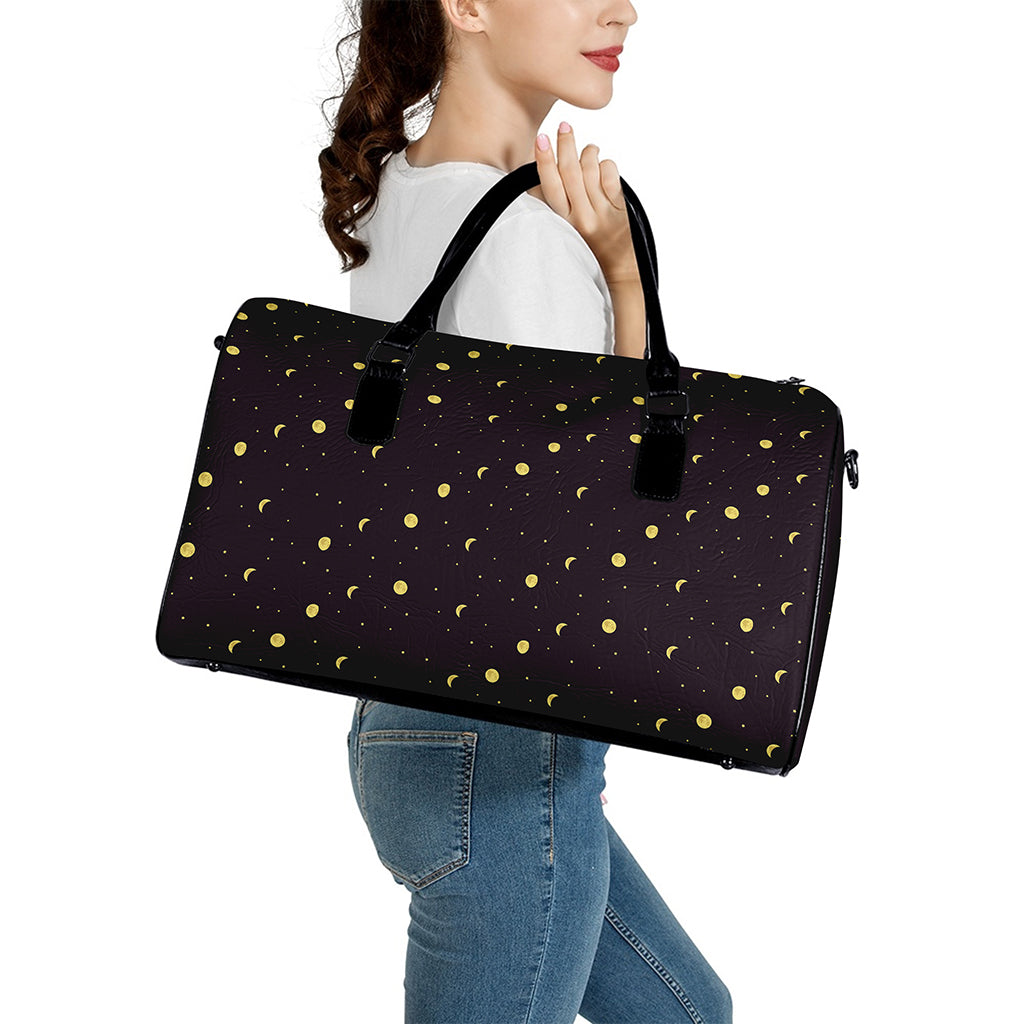 Moon Phase And Stars Pattern Print Leather Duffle Bag