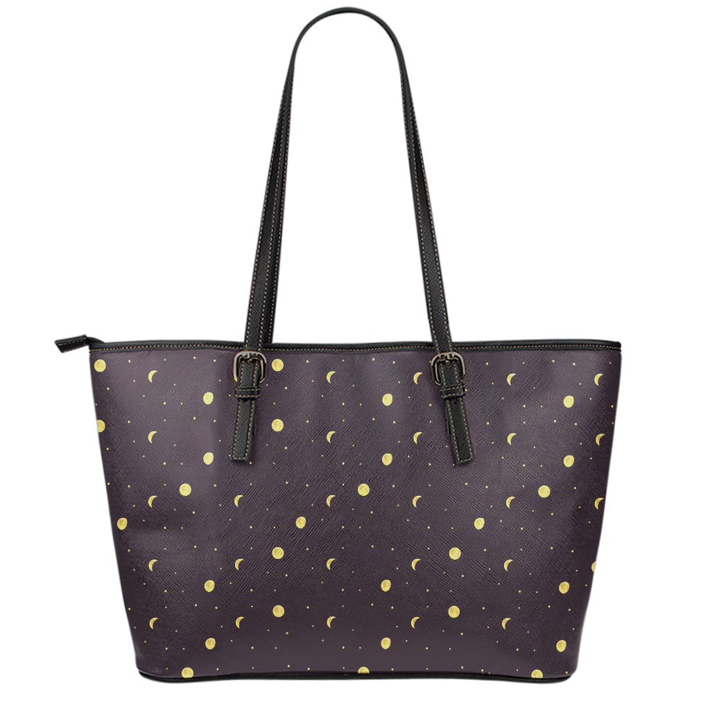 Moon Phase And Stars Pattern Print Leather Tote Bag