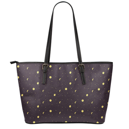 Moon Phase And Stars Pattern Print Leather Tote Bag