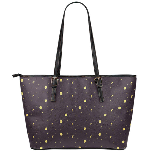 Moon Phase And Stars Pattern Print Leather Tote Bag
