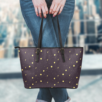 Moon Phase And Stars Pattern Print Leather Tote Bag