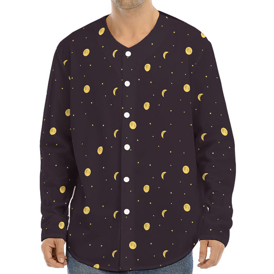 Moon Phase And Stars Pattern Print Long Sleeve Baseball Jersey