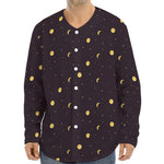 Moon Phase And Stars Pattern Print Long Sleeve Baseball Jersey