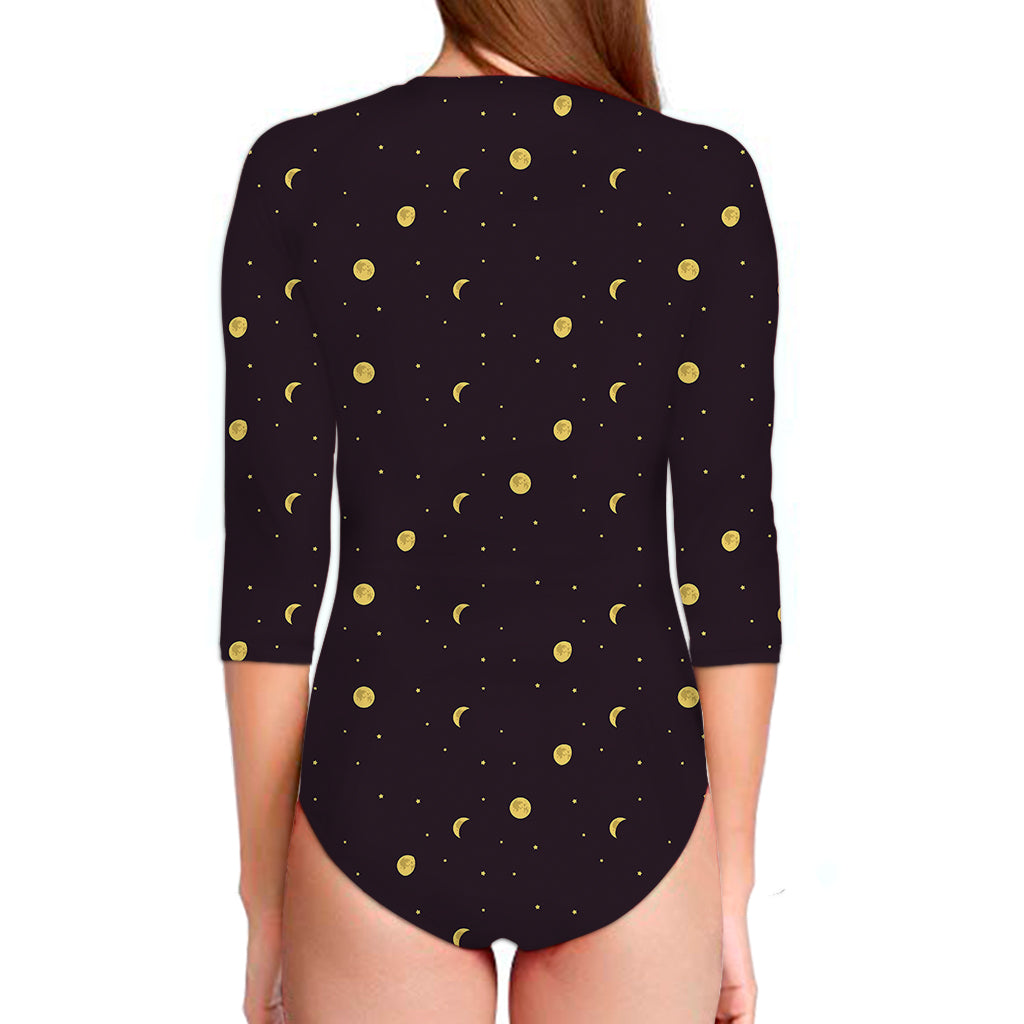 Moon Phase And Stars Pattern Print Long Sleeve Swimsuit