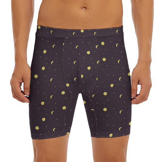 Moon Phase And Stars Pattern Print Men's Long Boxer Briefs