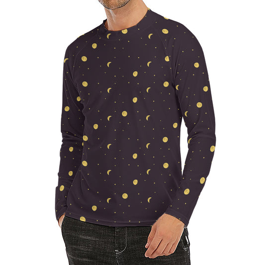 Moon Phase And Stars Pattern Print Men's Long Sleeve Rash Guard