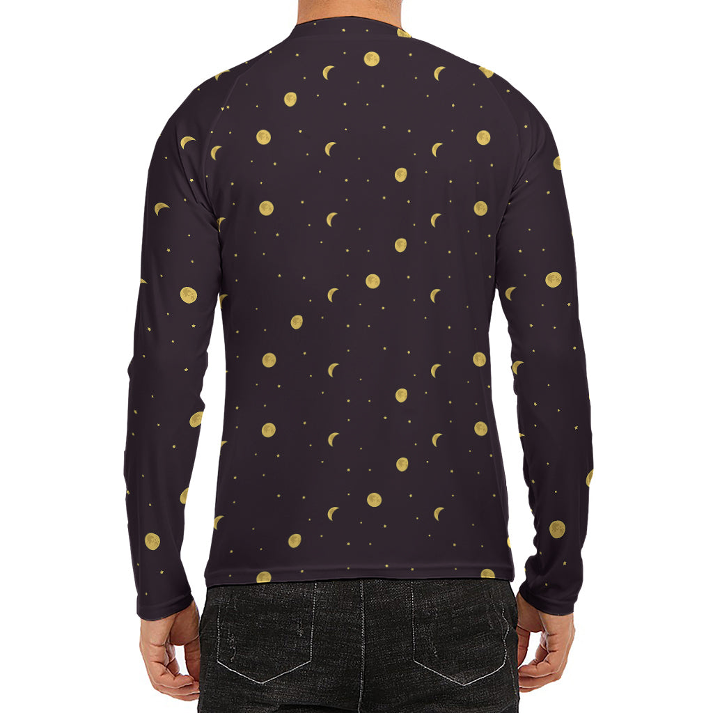 Moon Phase And Stars Pattern Print Men's Long Sleeve Rash Guard