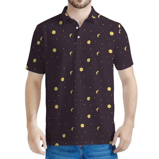 Moon Phase And Stars Pattern Print Men's Polo Shirt