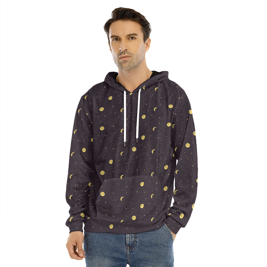 Moon Phase And Stars Pattern Print Men's Velvet Pullover Hoodie