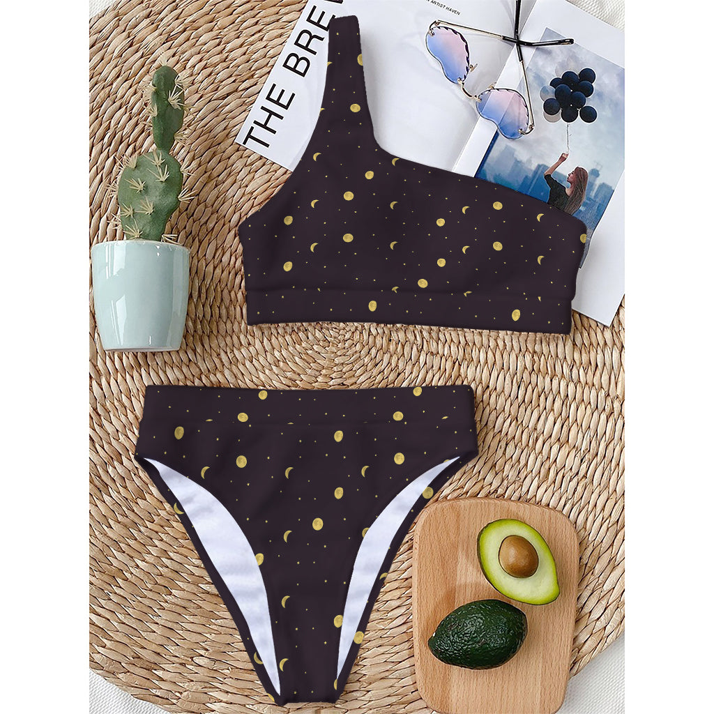 Moon Phase And Stars Pattern Print One Shoulder Bikini Top