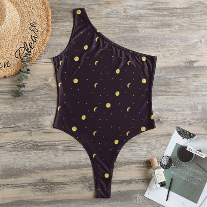 Moon Phase And Stars Pattern Print One Shoulder Bodysuit