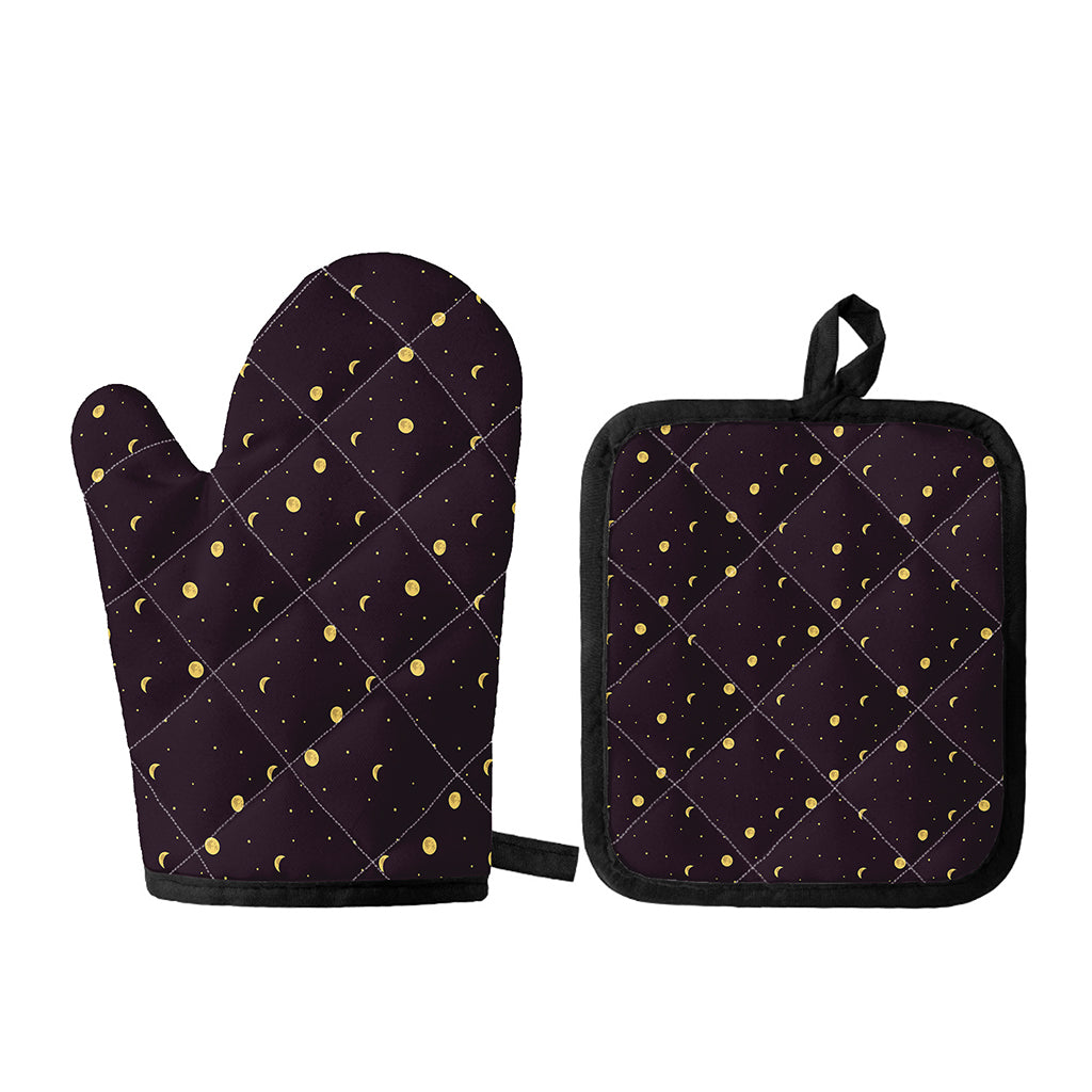 Moon Phase And Stars Pattern Print Oven Mitt And Pot Holder Set