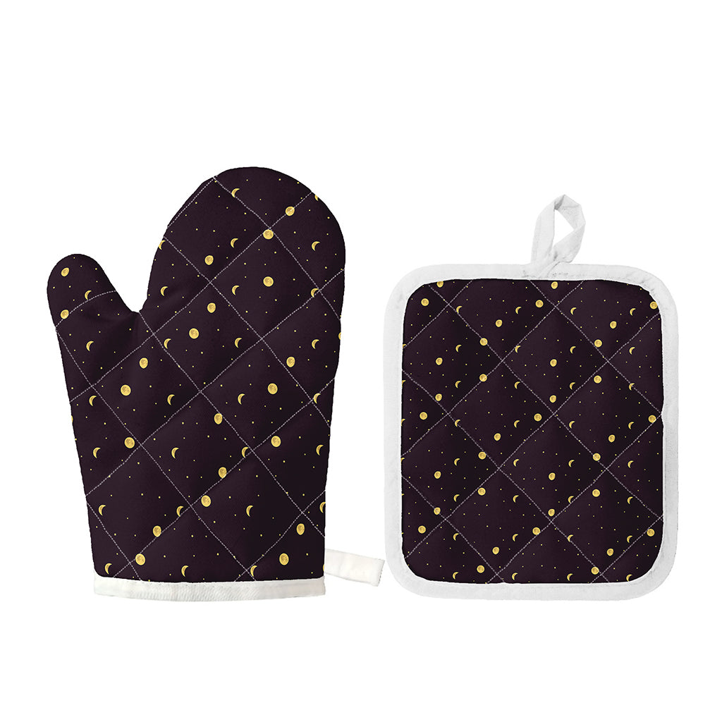 Moon Phase And Stars Pattern Print Oven Mitt And Pot Holder Set