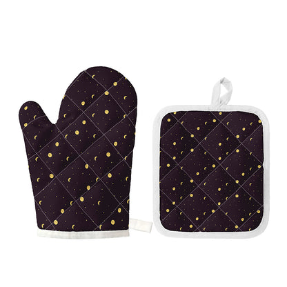 Moon Phase And Stars Pattern Print Oven Mitt And Pot Holder Set