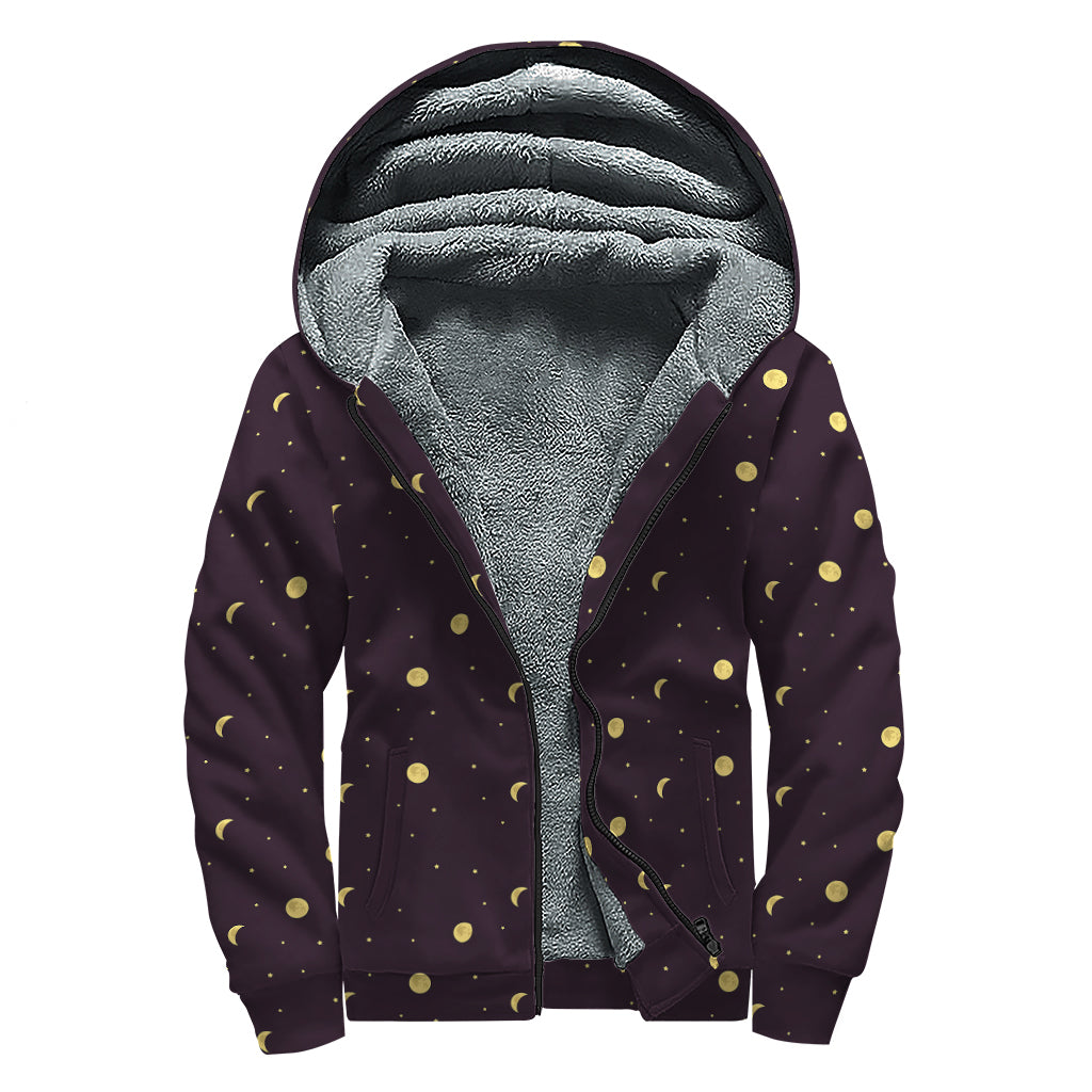 Moon Phase And Stars Pattern Print Sherpa Lined Zip Up Hoodie
