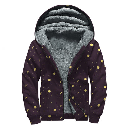 Moon Phase And Stars Pattern Print Sherpa Lined Zip Up Hoodie