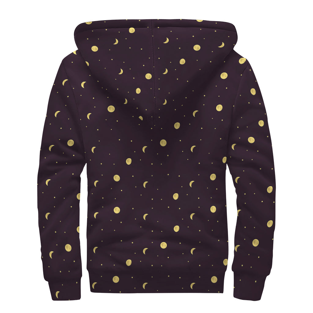 Moon Phase And Stars Pattern Print Sherpa Lined Zip Up Hoodie