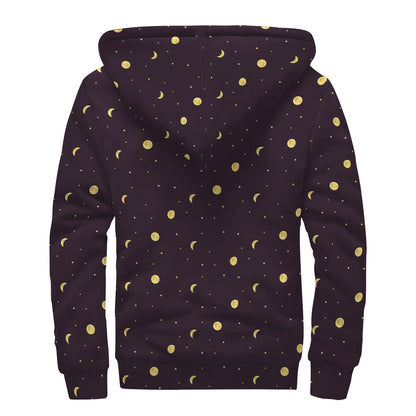 Moon Phase And Stars Pattern Print Sherpa Lined Zip Up Hoodie