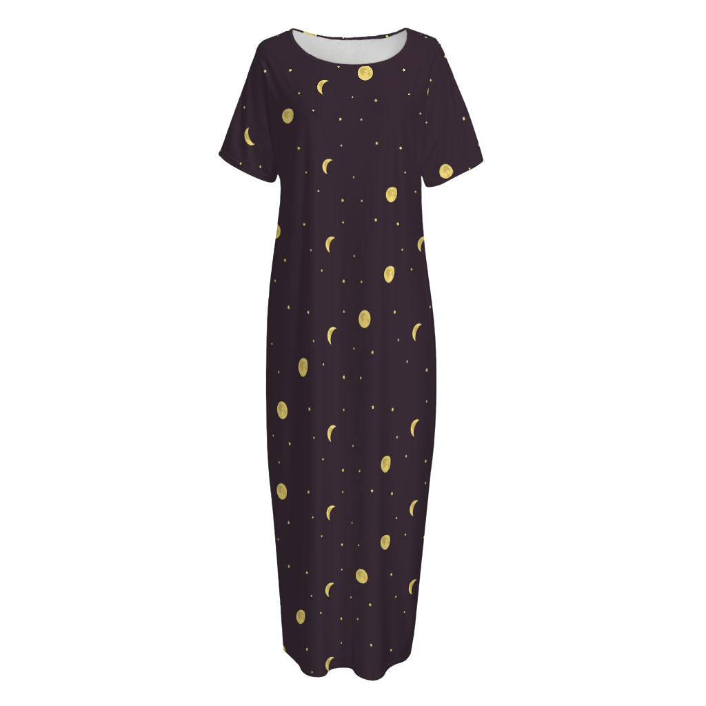 Moon Phase And Stars Pattern Print Short Sleeve Long Nightdress