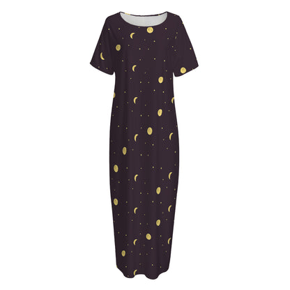 Moon Phase And Stars Pattern Print Short Sleeve Long Nightdress