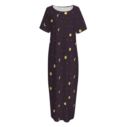 Moon Phase And Stars Pattern Print Short Sleeve Long Nightdress
