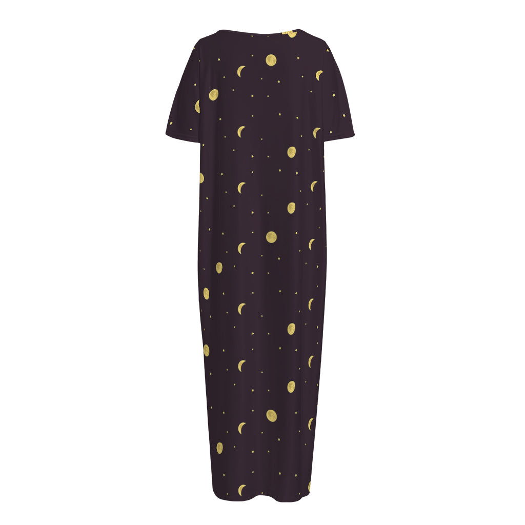 Moon Phase And Stars Pattern Print Short Sleeve Long Nightdress