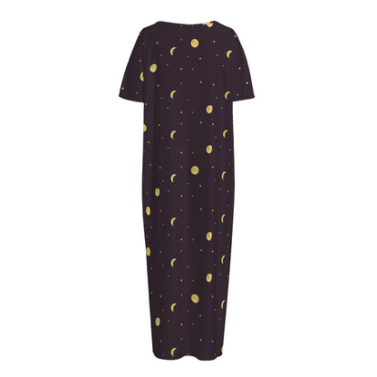 Moon Phase And Stars Pattern Print Short Sleeve Long Nightdress
