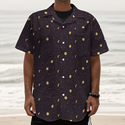 Moon Phase And Stars Pattern Print Textured Short Sleeve Shirt