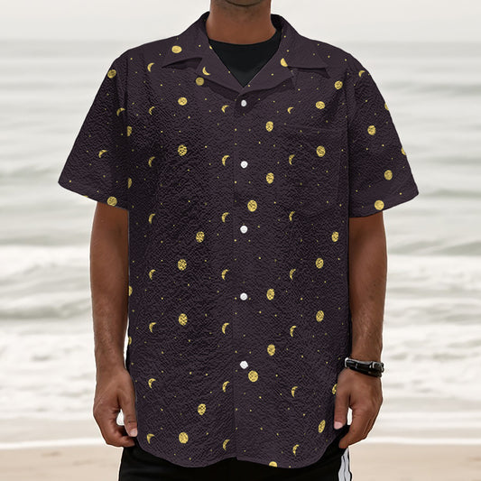 Moon Phase And Stars Pattern Print Textured Short Sleeve Shirt