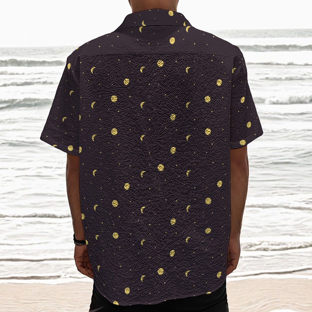 Moon Phase And Stars Pattern Print Textured Short Sleeve Shirt